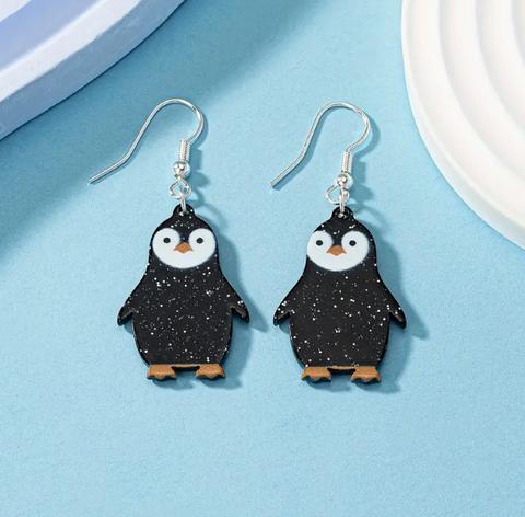 Black Glitter Penguin Earrings