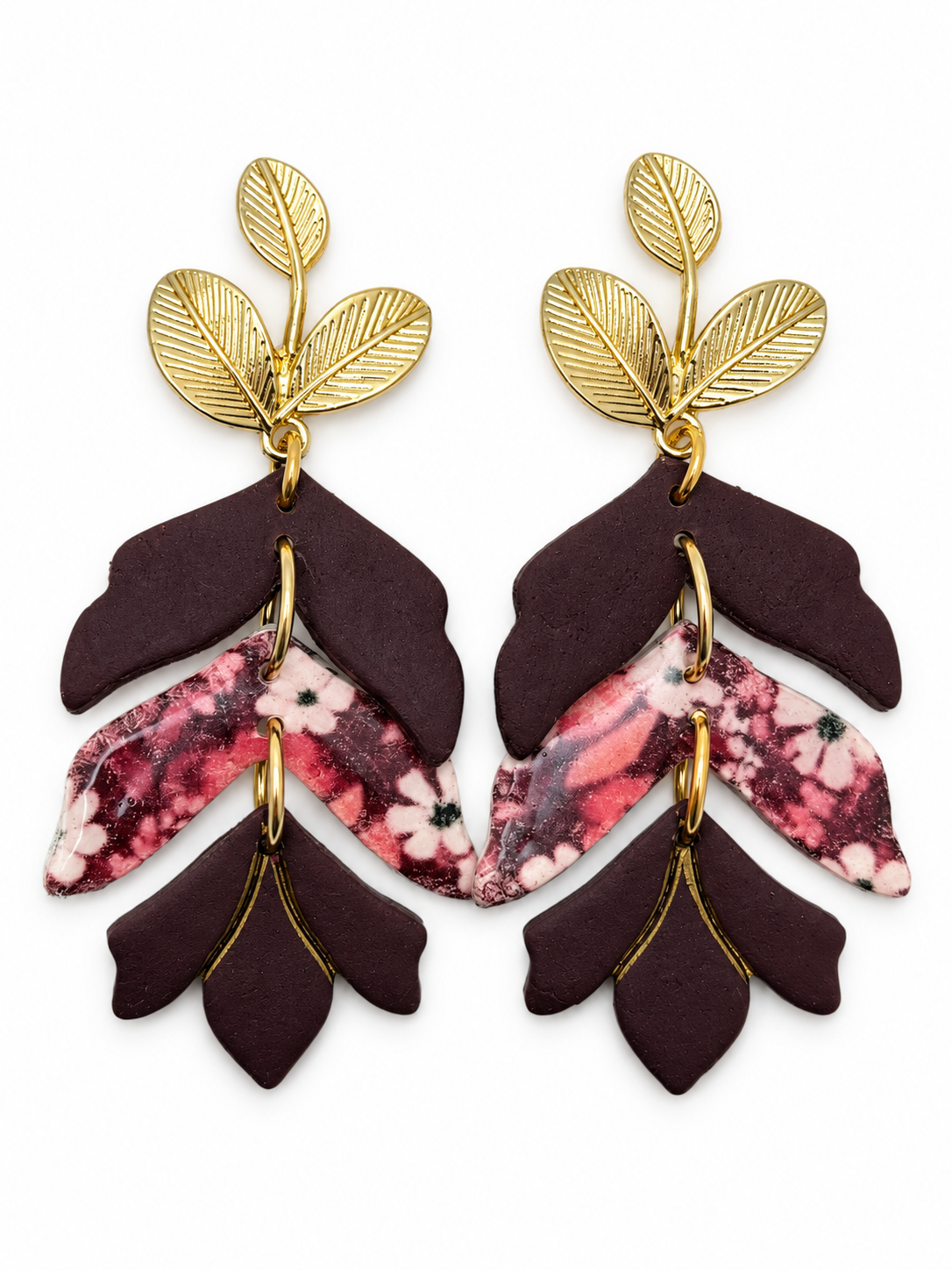 Burgundy Blossom & Gold Leaf Earrings