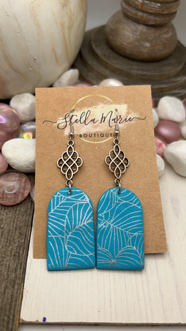 Blue Clay Leaf Earrings with Charm